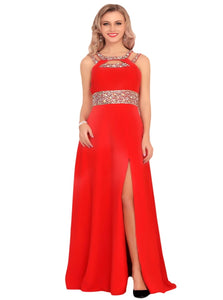 Scoop A Line Chiffon Prom Dresses With Beadings and Slit 