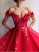 Ball Gown Red Tulle Prom Dresses with Appliques 