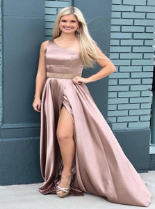 A Line One Shoulder Slit Satin Prom Dresses