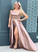 A Line One Shoulder Slit Satin Prom Dresses