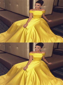 Off The Shoulder Satin Yellow Ball Gown Prom Dresses