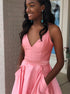 A Line Spaghetti Straps V Neck Pink Satin Prom Dress with Pockets LBQ3015