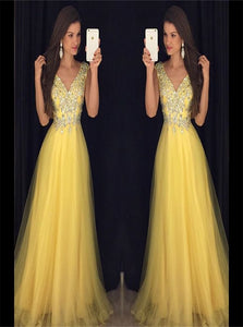 A Line V Neck Rhinestones Yellow Tulle Prom Dresses