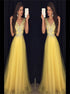 A Line V Neck Rhinestones Yellow Tulle Prom Dress LBQ3308