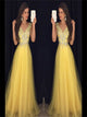 A Line V Neck Rhinestones Yellow Tulle Prom Dresses