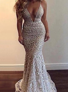 Backless Lace Beaded Mermaid Long Prom Dresses