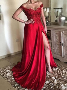 Red A Line Off the Shoulder Appliques Satin Prom Dresses