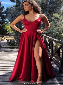 A Line Spaghetti Straps Lace Up Satin Prom Dresses