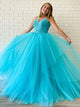  A Line Spaghetti Straps Appliques Tulle Prom Dresses