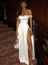 A Line Off the Shoulder Satin Prom Dresses with Slit LBQ3265