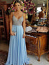 A Line Spaghetti Straps Light Blue Chiffon Prom Dress with Beading LBQ2515