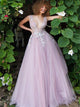A Line V Neck Tulle Appliques Open Back Purple Prom Dresses