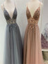 A Line Spaghetti Tulle Beaded Prom Dresses LBQ3170