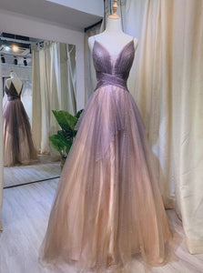 A Line Spaghetti Straps V Neck Pleats V Back Tulle Prom Dresses