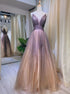 A Line Spaghetti Straps V Neck Pleats V Back Tulle Prom Dresses LBQ3245