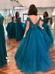 A line Open Back Beadings Blue Tulle Prom Dress With Short Sleeves