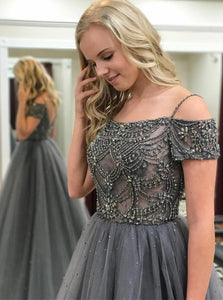 A line Open Back Beadings Prom Dress With Short Sleeves