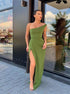 Sheath One Shoulder Chiffon Green Prom Dress with Slit LBQ2116