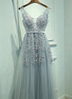 V Neck Lace Applique Tull Floor Length Prom Dress MOS02