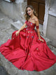 Chic A Line Red Straps Satin Appliques Zipper Up Prom Dresses