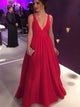 A Line Red Satin Straps Open Floor Length Back Prom Dresses with Pleats