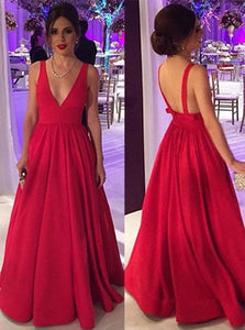 A Line Red Satin Straps Open Back Prom Dresses with Pleats