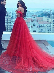 A Line Red Off The Shoulder Tulle Lace Up Pleats Prom Dresses