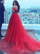 A Line Red Off The Shoulder Tulle Lace Up Pleats Prom Dresses