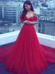 A Line Red Off The Shoulder Tulle Lace Up Prom Dresses with Beadings