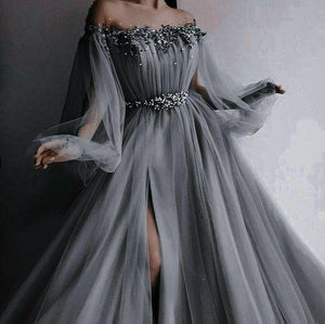 Gray Off the shoulder Tulle Prom Evening Dress with Long Sleeve GJS151