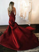 Mermaid Red Satin Halter Sweep Train Pleats Prom Dresses 