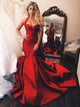 Mermaid Red Satin Halter Sweep Train Pleats Prom Dresses