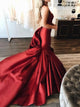 Mermaid Red Satin Halter Sweep Train Pleats Sleeveless Prom Dresses with Pleats