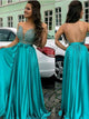 A Line Strapless Floor Length Backless Satin Prom Dresses with Appliques
