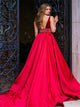 Deep V Neck Sweep Train Satin Open Back Prom Dress with Beadings