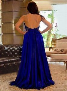 Sweetheart Split Royal Blue Satin Prom Dress with Beadings