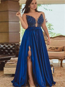 A Line Sweetheart Split Royal Blue Satin Prom Dress with Beadings