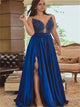 A Line Sweetheart Split Royal Blue Satin Prom Dress with Beadings
