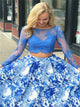 Bateau Sweep Train Long Sleeves Blue Satin  and Lace Prom Dress with Beadings