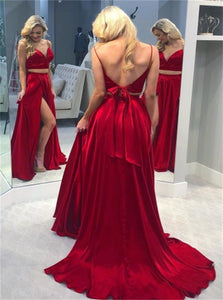 A Line Satin Prom Dresses Appliques and Slit