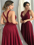 A Line Deep V Neck Criss Cross Straps Burgundy Satin Prom Dress with Bowknot LBQ0383