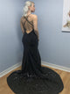 Mermaid Spaghetti Straps Backless Black Sequined Sweep Train Prom Dresses