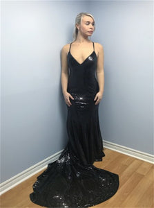 Mermaid Spaghetti Straps Backless Black Sequined Prom Dresses
