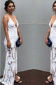 Sexy Split Front Deep V Neck  Whie Lace Prom  Evening Dresses GJS026