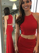 Two Piece Scoop Red Sheath Chiffon Floor Length Pleats Prom Dresses
