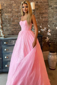 Shiny Pink Tulle Spaghetti Straps Sparkly  Long Prom Formal Evening Dress  GJS707