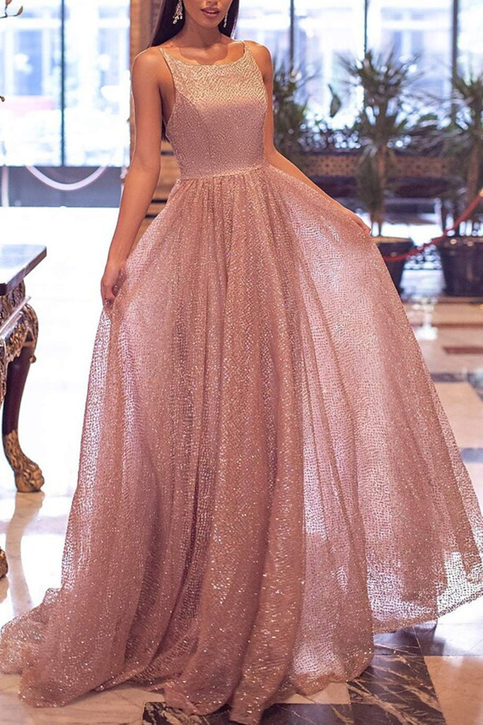 Shiny Sequins Tulle Backless Sparkly Pink Long Prom Formal Dress GJS46 –  Alinepromdress
