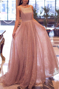 Shiny Sequins Tulle Backless Sparkly Pink Long Prom Formal Dress GJS461