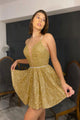 Shiny Sequins V Neck Golden Short Prom Homecoming Dress with Belt GJS690