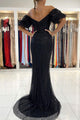 Shiny Tulle Mermaid Off Shoulder Black Long Prom Dress with High Slit  GJS443
